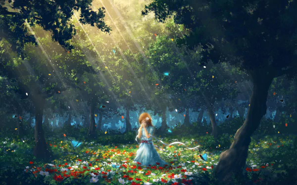 2K Quad HD PC wallpaper: a praying woman in a fantasy sunlit forest clearing, kneeling among flowers as light beams and glowing motes drift through the trees.