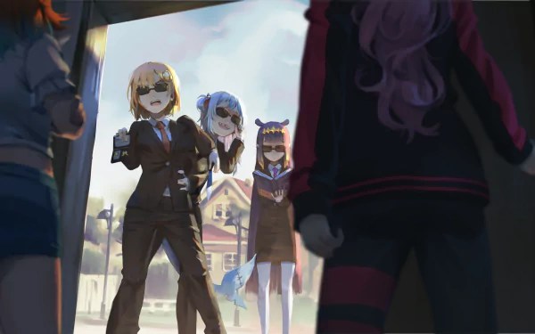 4K Ultra HD anime-style wallpaper featuring hololive virtual YouTubers Watson Amelia, Takanashi Kiara, Ninomae Ina'nis, Mori Calliope, and Gawr Gura in a dynamic outdoor scene.