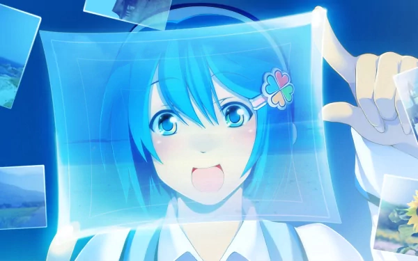 Anime Os-tan character with blue hair and playful expression holding a translucent screen; HD PC desktop wallpaper/background style with vibrant blue tones.