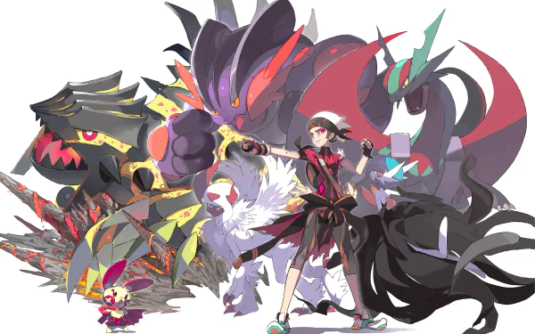 4K Ultra HD anime-style wallpaper featuring Yuuki with Legendary Pokémon Groudon, Swampert, Salamence, Plusle, Gardevoir, and Absol in dynamic poses.