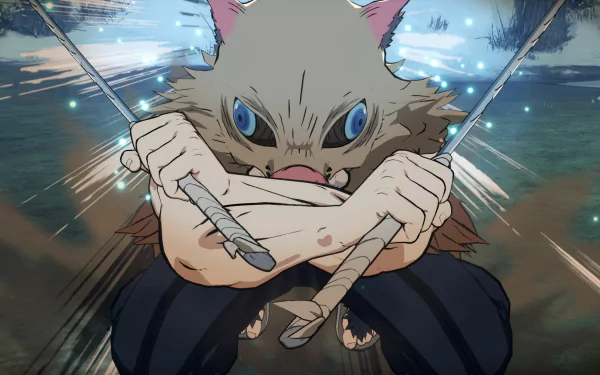 Inosuke Hashibira in boar mask crouched with crossed swords, dynamic water-lit attack pose from Demon Slayer -Kimetsu no Yaiba- The Hinokami Chronicles video game — HD PC desktop wallpaper.