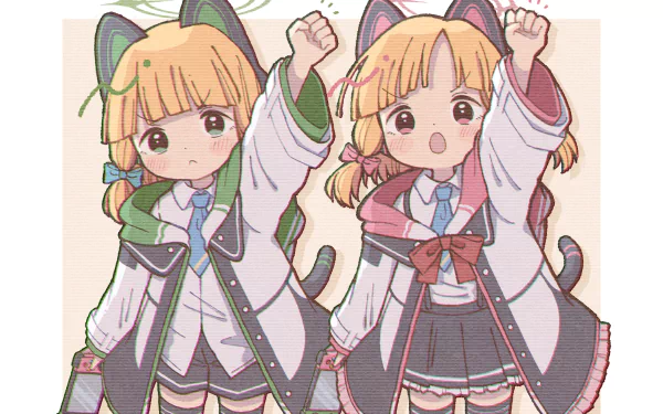 2K Quad HD PC wallpaper of Saiba Momoi and Saiba Midori from the video game Blue Archive — twin cat-eared schoolgirls in matching uniforms, waving cheerfully.