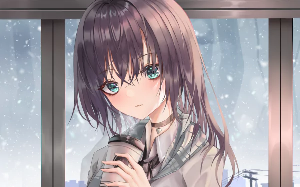 HD anime desktop wallpaper of hololive virtual YouTuber Natsuiro Matsuri: teal-eyed girl holding a microphone by a snowy window, soft lighting, detailed hair and expression.