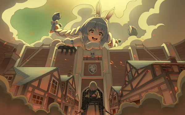 4K Ultra HD anime-style PC wallpaper featuring Virtual YouTubers Usada Pekora and Uruha Rushia from Hololive in a dramatic village scene.