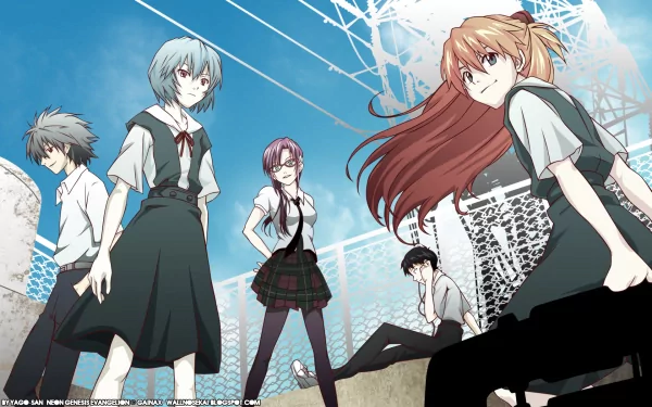 A dynamic HD anime wallpaper featuring Kaworu Nagisa, Shinji Ikari, Rei Ayanami, Mari Makinami Illustrious, and Asuka Langley Sohryu from Evangelion: 2.0 You Can (Not) Advance.