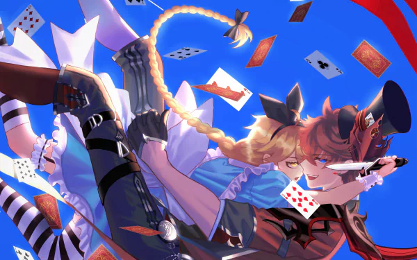 2K Quad HD wallpaper of video game Genshin Impact characters Tartaglia (Childe) and Aether in Alice in Wonderland–style outfits, tumbling among flying playing cards against a vivid blue-red backdrop.