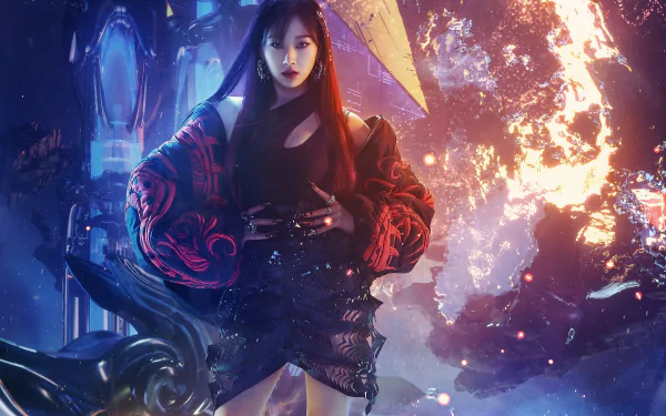 HD desktop wallpaper of a K-pop singer in Aespa-inspired futuristic stagewear: oversized red-embroidered jacket, black skirt, neon sci-fi backdrop with sparks and flames.