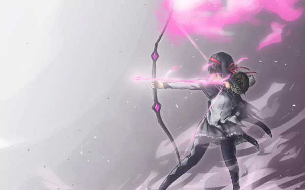 Homura Akemi as an archer from Puella Magi Madoka Magica, drawing a glowing pink bow through mist — 2K Quad HD PC desktop wallpaper/background.