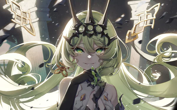 2K Quad HD PC wallpaper of Mobius from Honkai Impact 3rd video game: long pale-green hair, glowing green eyes, spiked crown headpiece, ethereal light and floating shards.