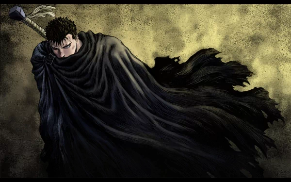 HD desktop wallpaper featuring Guts from the anime Berserk, draped in a tattered black cloak against a textured background.