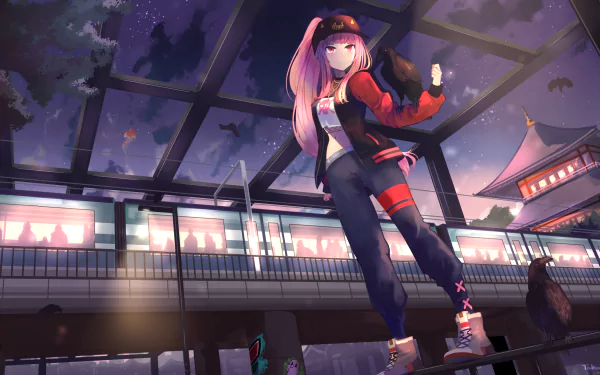 HD anime-style PC wallpaper featuring Mori Calliope, a virtual YouTuber from hololive, standing confidently in a vibrant urban nighttime scene.