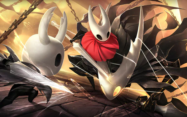 HD wallpaper featuring characters from the video game Hollow Knight, showcasing a dynamic battle scene with striking visuals and a dramatic background.