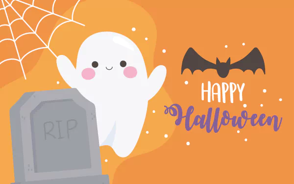 Smiling ghost waving beside RIP tombstone and bat with Happy Halloween script on orange background - holiday halloween 8K Ultra HD PC desktop wallpaper/background.