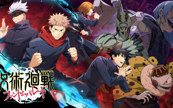 A vibrant HD wallpaper featuring characters from the anime Jujutsu Kaisen, showcasing dynamic poses and intense expressions amidst a dramatic background.