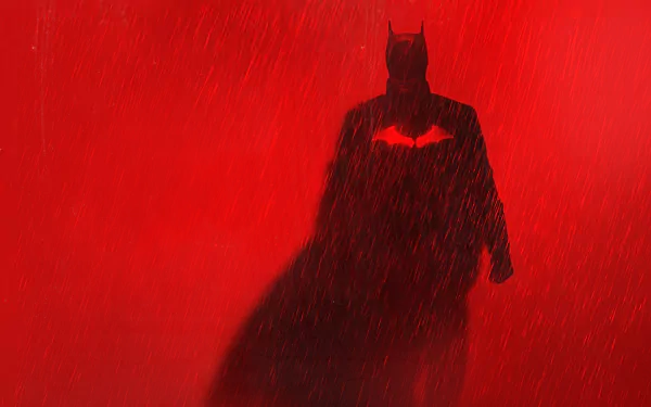 HD wallpaper of Batman from the movie The Batman, tagged with DC Comics, featuring a striking silhouette of Batman against a red background.
