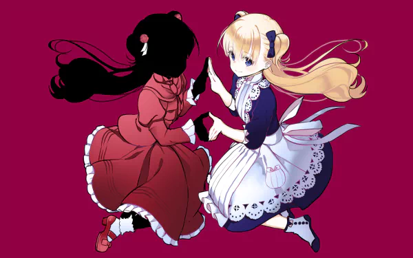 Anime HD PC desktop wallpaper of Shadows House's Emilico and Kate — Emilico in a white maid dress touching hands with Kate's black silhouette on a deep magenta background.