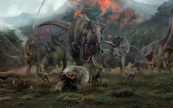 4K Ultra HD Jurassic World: Fallen Kingdom movie wallpaper showing roaring dinosaurs amidst volcanic eruption on a dark, stormy landscape.