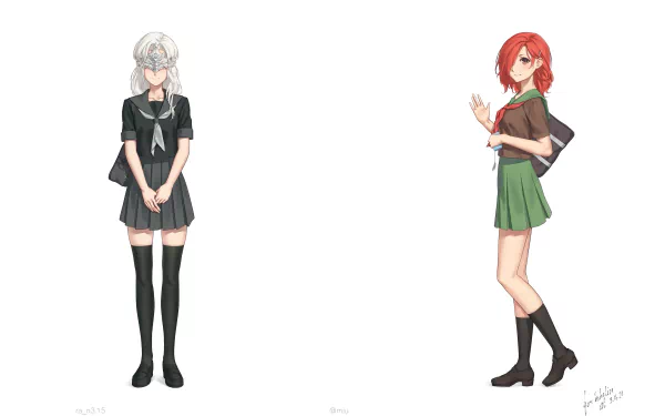 2K Quad HD PC desktop wallpaper showing two Fire Keeper designs from the video game Dark Souls III: a silver‑haired girl in a black school uniform and a red‑haired girl in a green skirt holding a book.