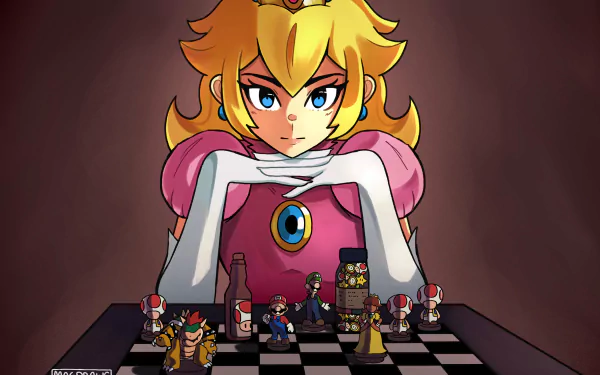 4K Ultra HD PC wallpaper of Princess Peach (Super Mario Bros.) looming over a chessboard where Mario, Bowser and Toads stand as chess pieces.