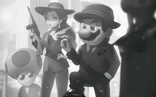 Retro noir 4K Ultra HD PC desktop wallpaper: Mario in a fedora and suit, Princess Peach in hat and suit, and Toad in sunglasses posing as mobsters in a Super Mario Bros. video game scene.