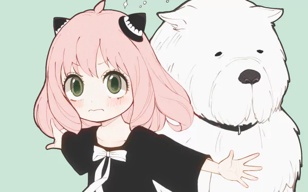 HD desktop wallpaper featuring Anya Forger and Bond from the anime Spy x Family, with Anya posing confidently in front of Bond, set against a light green background.