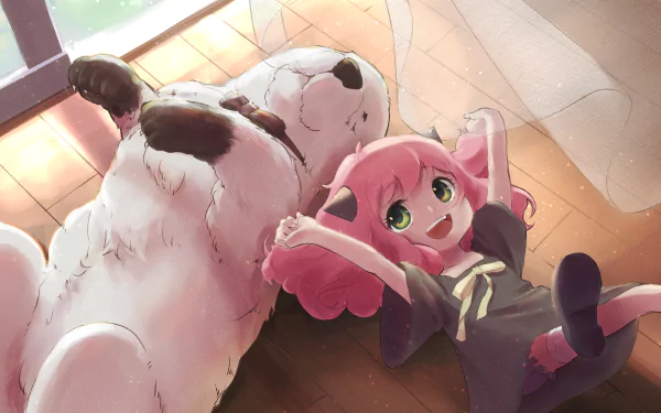 Anya Forger and Bond from Spy x Family relax on the floor in this vibrant 4K Ultra HD anime wallpaper.