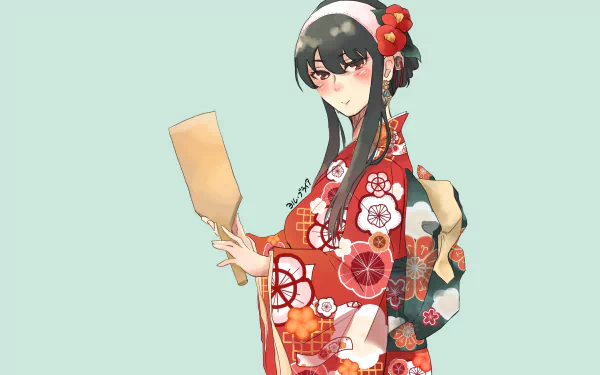 Yor Forger in a red floral kimono holding a wooden paddle against a pale teal backdrop — anime 5K Ultra HD PC desktop wallpaper (Spy x Family)