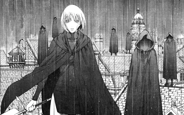 HD anime desktop wallpaper featuring a Claymore character in a dark cloak standing in a rainy, medieval-style town with shadowy figures in the background.