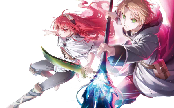 Rudeus Greyrat and Eris Boreas Greyrat from Mushoku Tensei: Jobless Reincarnation in dynamic action pose, vibrant 4K Ultra HD anime wallpaper background.