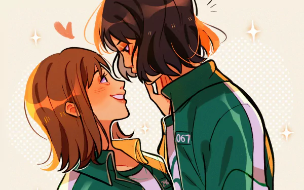 HD PC desktop wallpaper featuring Kang Sae-byeok and Ji-Yeong from the TV show Squid Game sharing a tender moment with warm, soft colors.