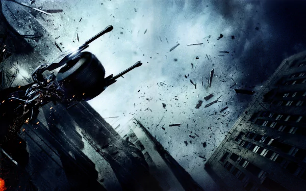 4K Ultra HD PC desktop wallpaper: Batman from The Dark Knight rides the Batpod through a storm of debris over a crumbling Gotham skyline.