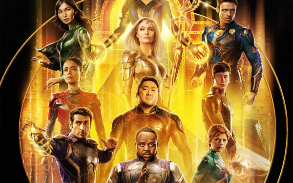 HD PC desktop wallpaper featuring the main characters from the movie Eternals, set against a glowing golden background with cosmic and mystical elements.