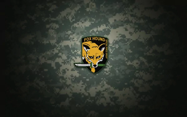 HD PC wallpaper featuring the FOXHOUND emblem from Metal Gear Solid, set against a military camo background, blending elements of army and video game themes.