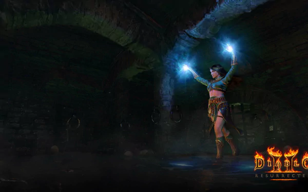 HD Diablo II: Resurrected wallpaper featuring a sorceress casting spells in a dungeon for desktop background.