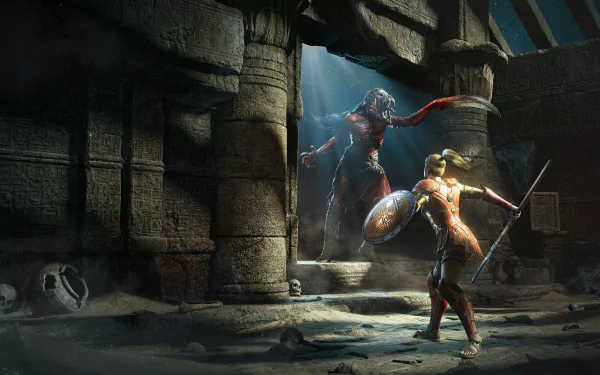 HD wallpaper of Diablo II: Resurrected featuring an epic battle scene with a warrior facing a menacing creature in a dimly lit dungeon.