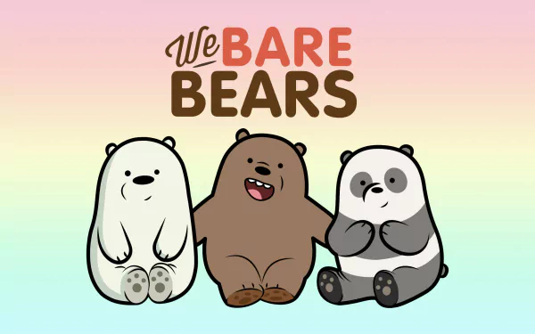 We Bare Bears TV show HD PC desktop wallpaper featuring Grizzly, Panda, and Ice Bear sitting on a pastel gradient background beneath the series logo.