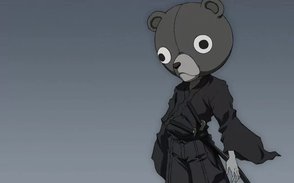 A captivating HD desktop wallpaper featuring Kuma from Afro Samurai, showcasing the character in a black outfit with a bear-head mask, set against a minimalistic background.