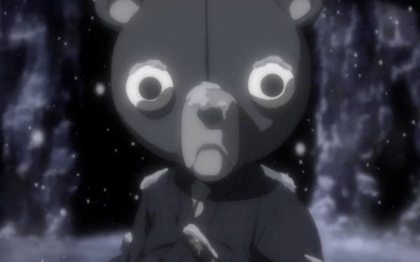 Kuma (Afro Samurai) anime: close-up of a bear-masked figure with wide eyes standing in a snowy, moonlit forest — HD PC desktop wallpaper/background.