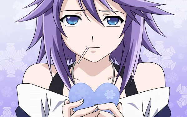 HD anime desktop wallpaper featuring Mizore Shirayuki from Rosario + Vampire, holding a heart-shaped object with a calm expression and purple-themed background.