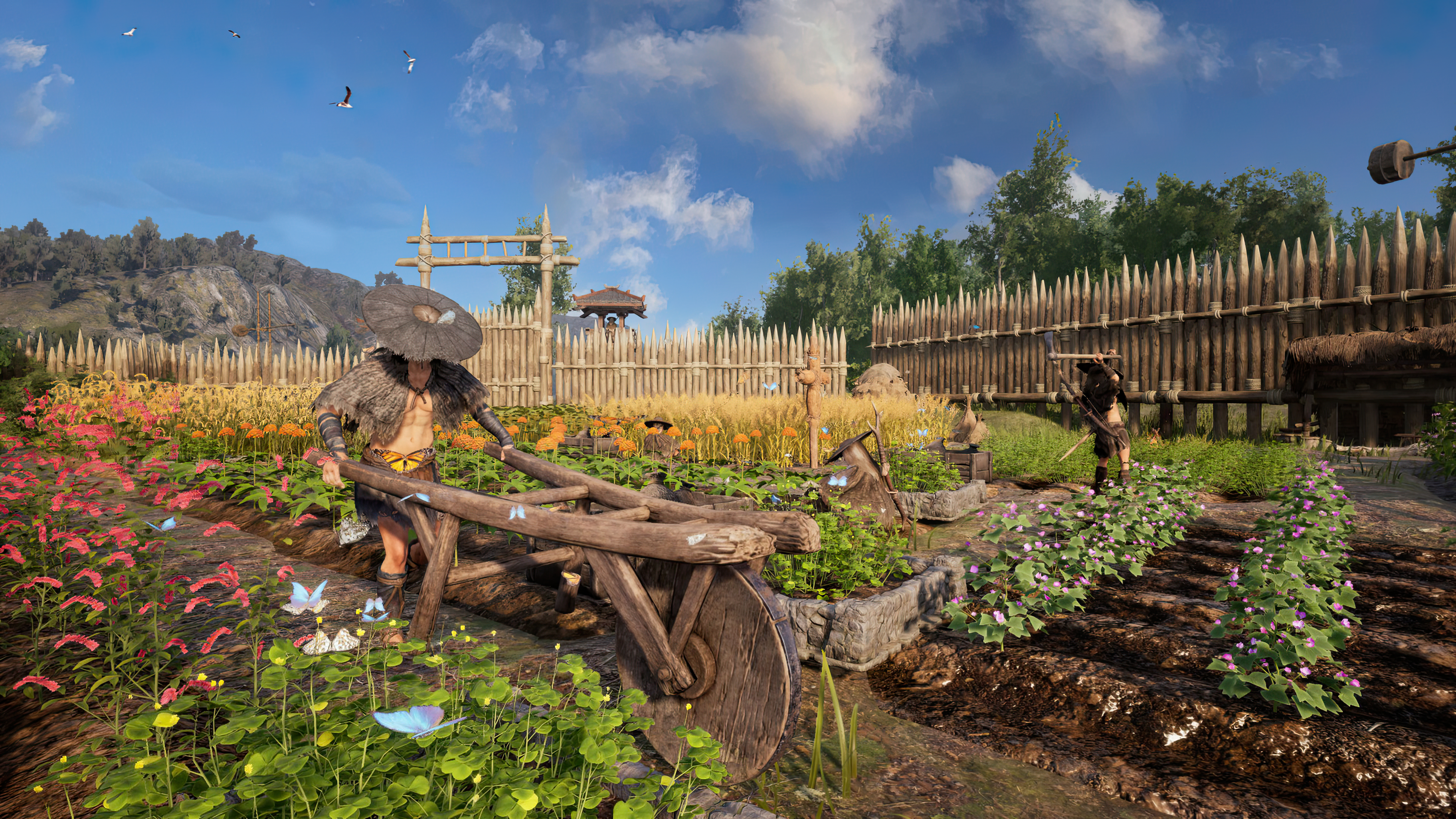 HD desktop wallpaper featuring a vibrant garden scene from Myth of Empires with characters tending to crops and a wooden fortress in the background.