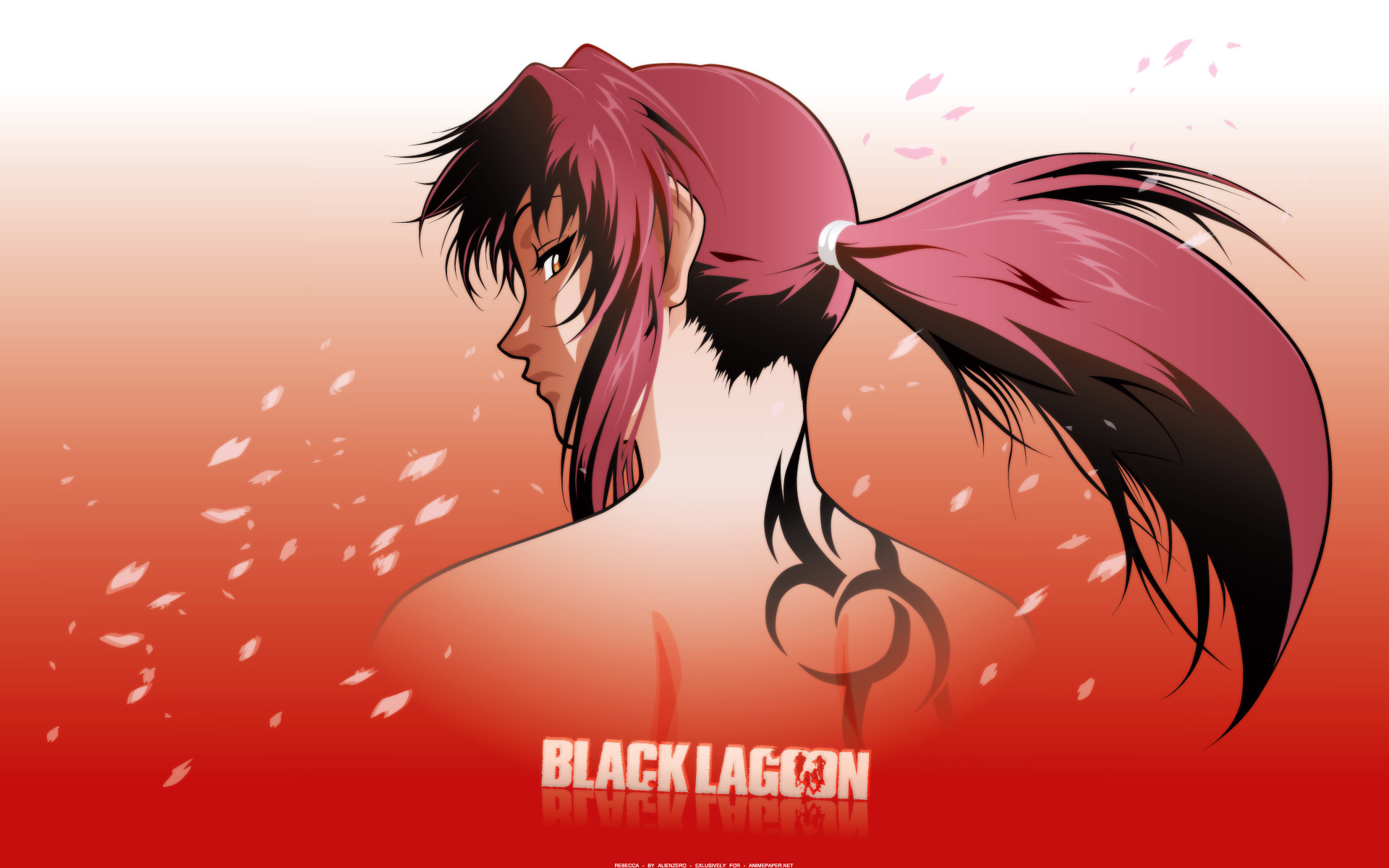 Anime character from Black Lagoon standing against a fiery background.