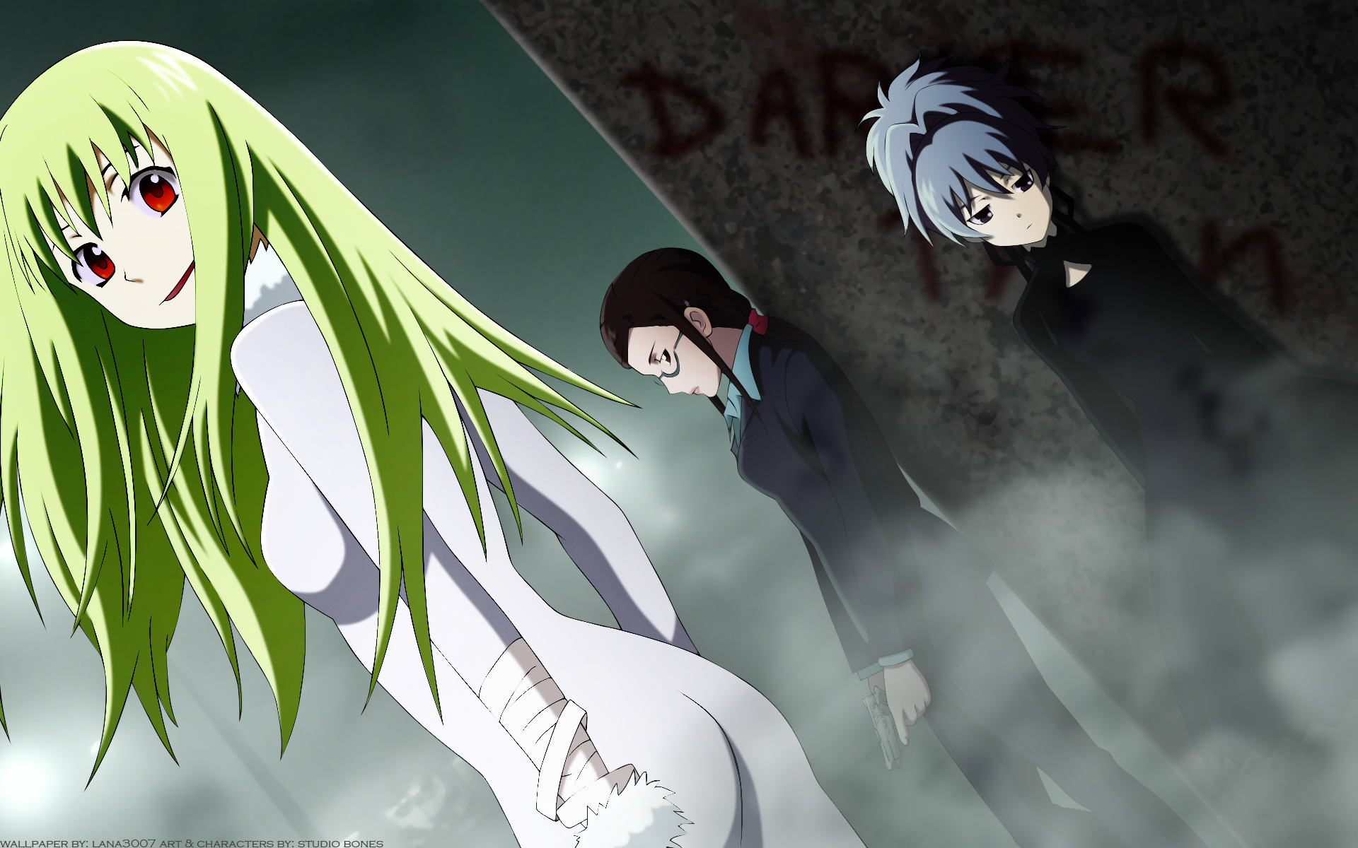 Anime characters Amber, Misaki Kirihara, and Yin from Darker than Black in a captivating desktop wallpaper.