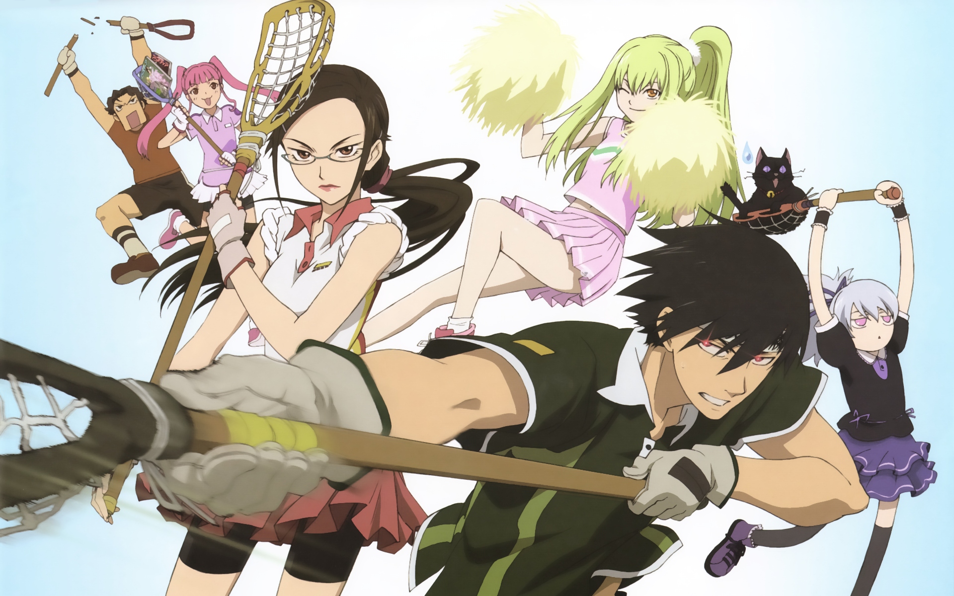 Characters from the anime Darker Than Black: Misaki, Amber, Hei, Mao, and Yin. Desktop wallpaper.