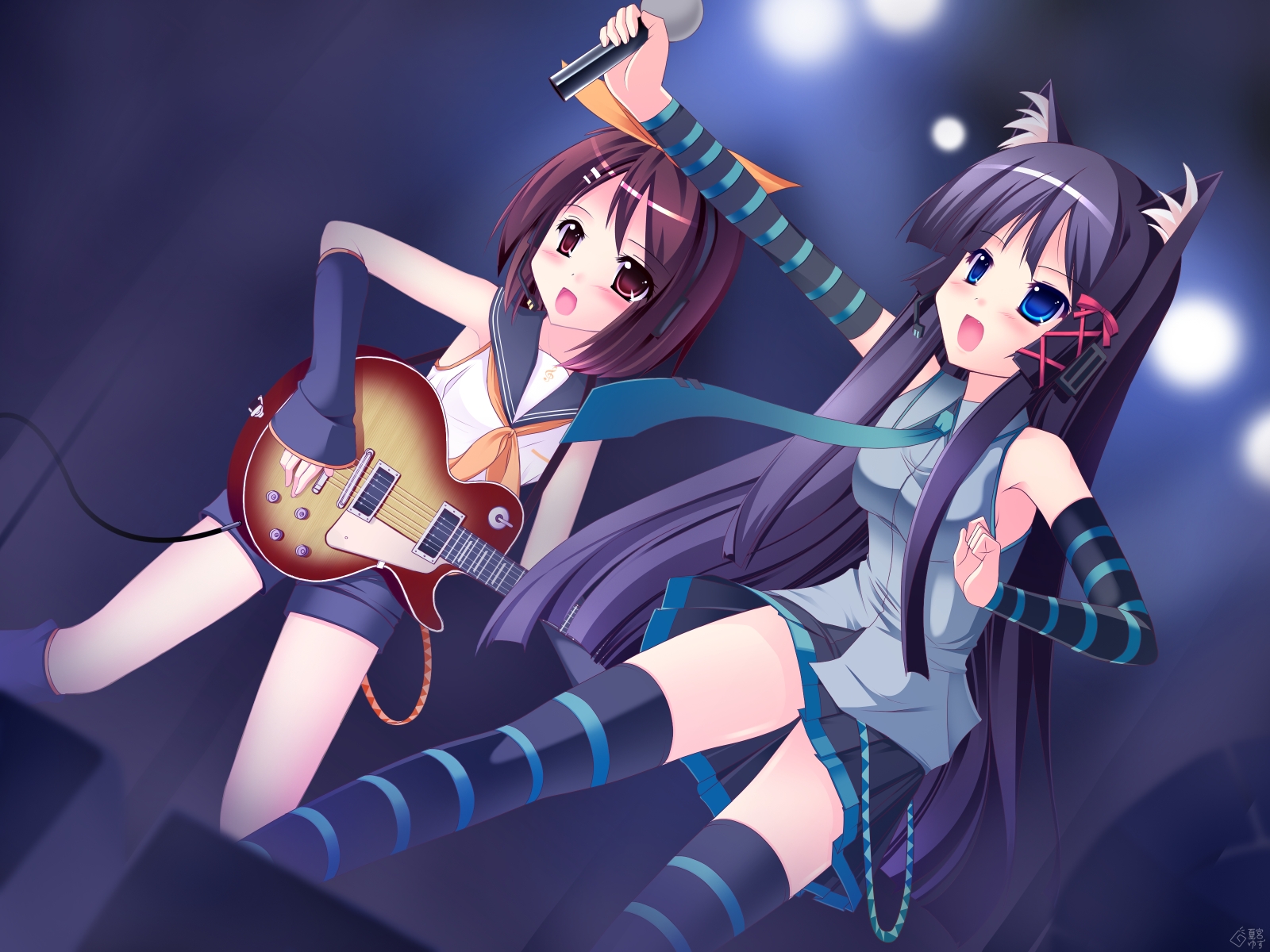 Anime-inspired cosplay featuring Mio Akiyama and Yui Hirasawa from K-ON! rock out with guitars in a vibrant crossover wallpaper.
