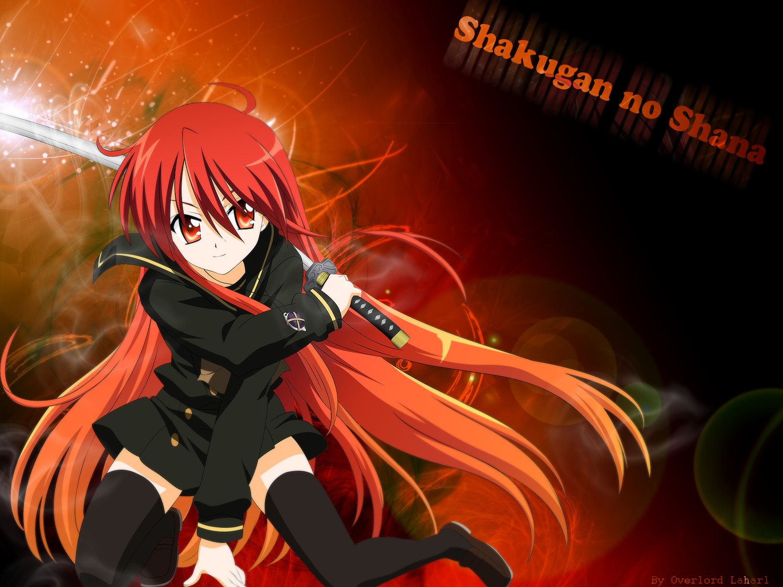 HD anime desktop wallpaper featuring Shakugan no Shana with fiery red-haired Shana wielding a sword against a dark, glowing background.