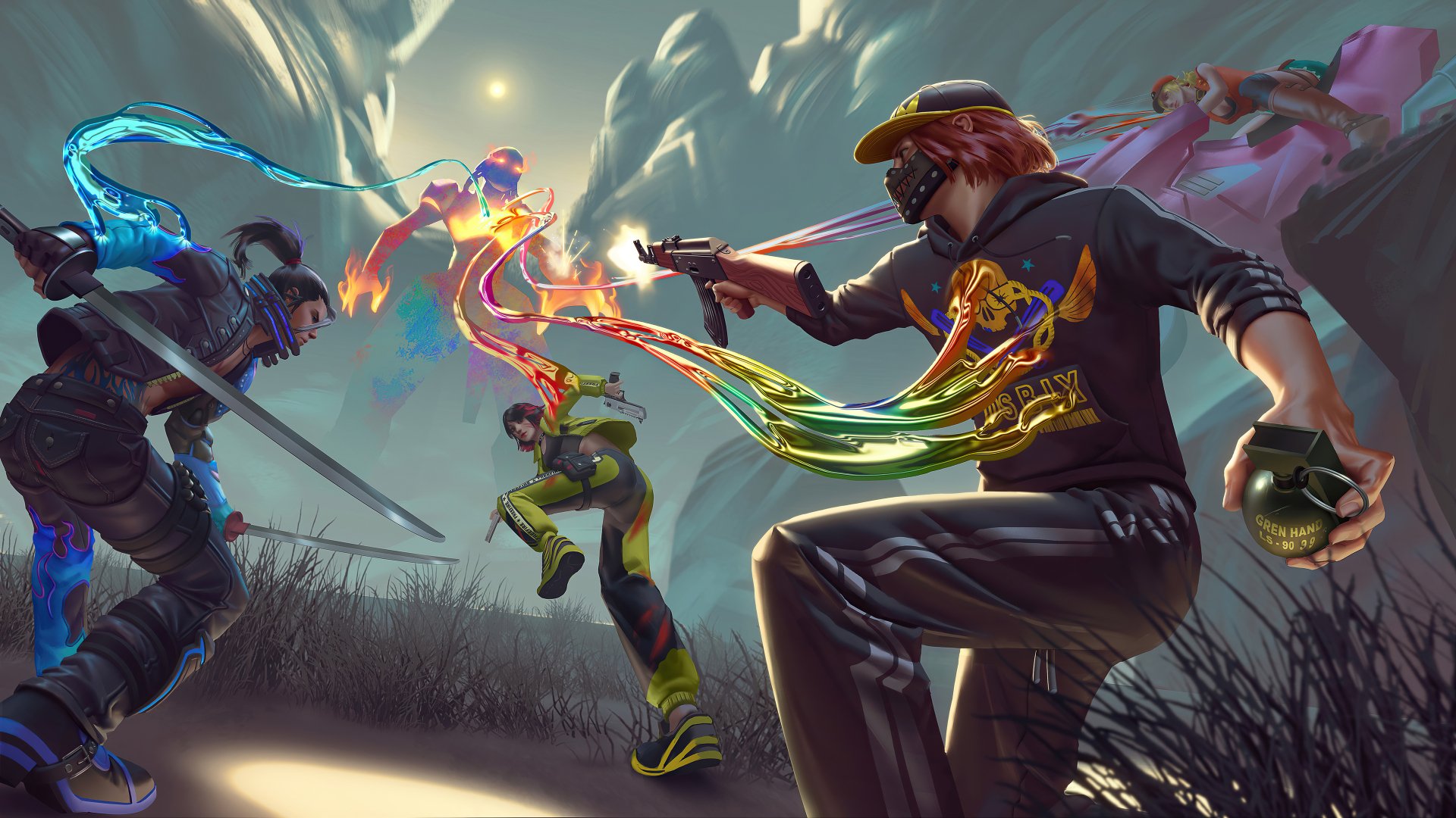 A dynamic 4K Ultra HD Garena Free Fire scene showing intense combat between characters on a PC desktop wallpaper and background.