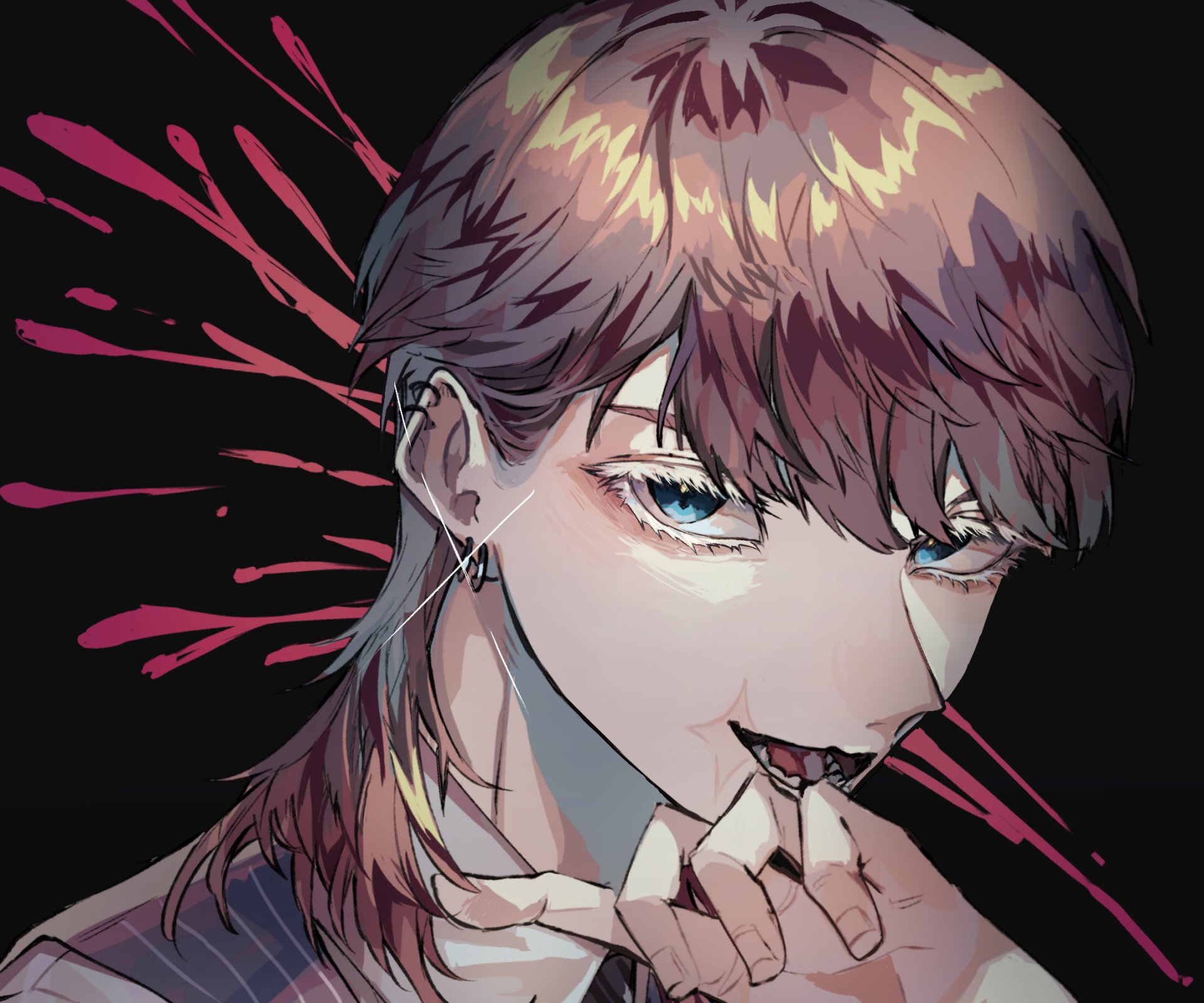 HD PC wallpaper of Haruchiyo Sanzu from Tokyo Revengers, showcasing detailed anime art with striking blue eyes and a dark, intense background.