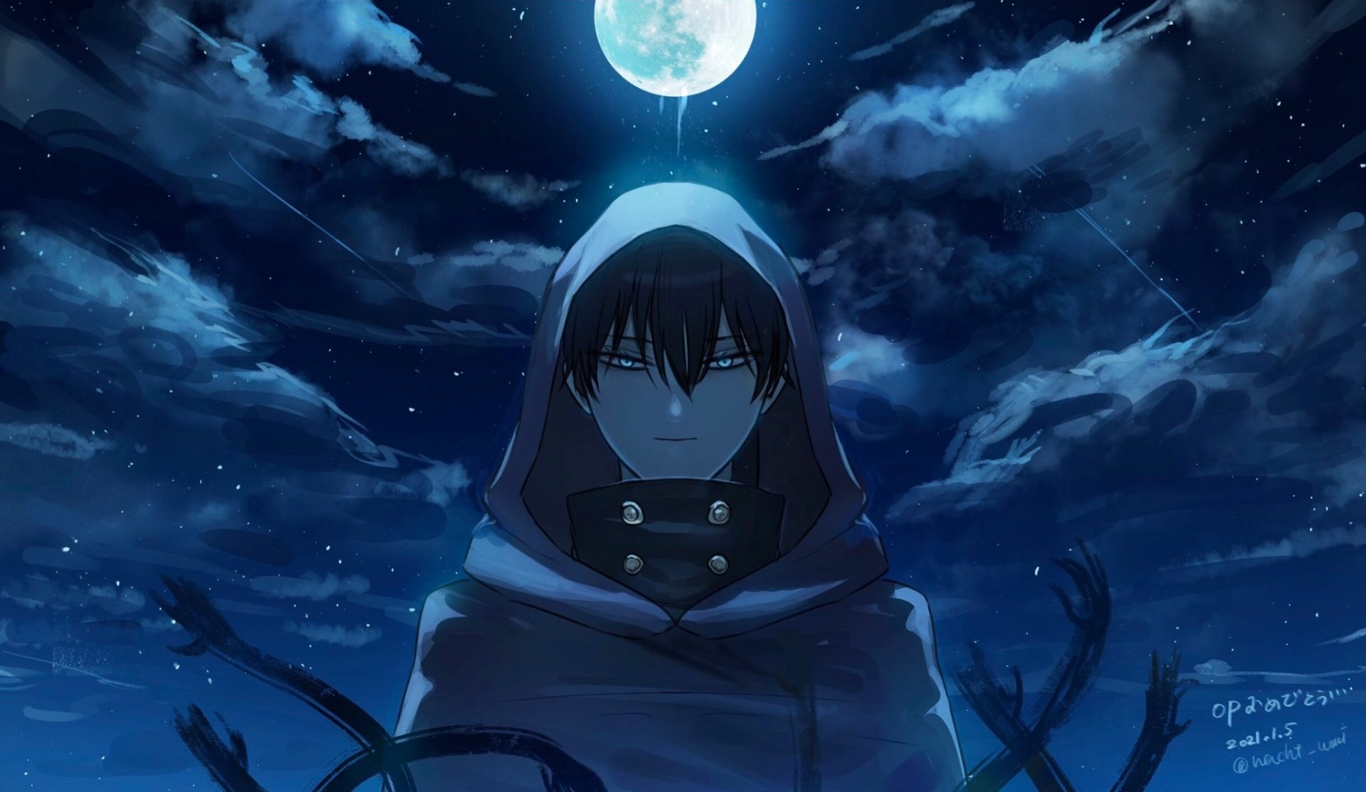 Nacht (Black Clover) hooded under a full moon, dark blue sky with swirling clouds and shadowy tendrils — anime HD PC desktop wallpaper/background