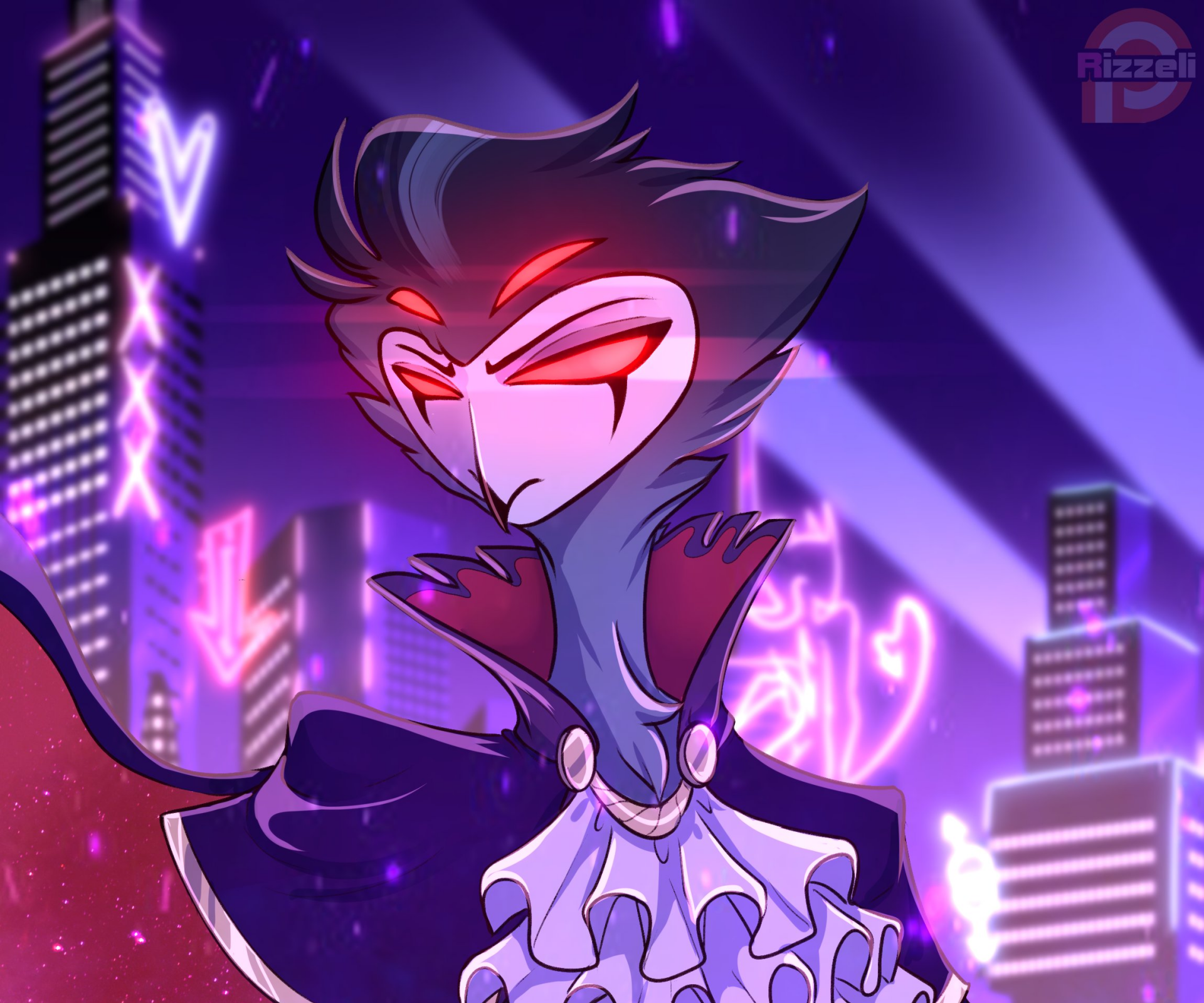 HD PC desktop wallpaper featuring Stolas from the TV show Helluva Boss, set against a vibrant neon cityscape background.