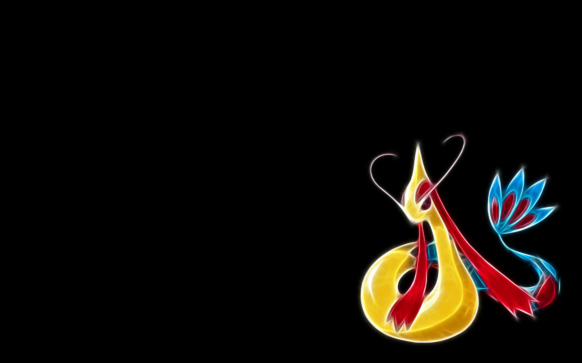 HD desktop wallpaper featuring Milotic, the elegant water-type Pokémon from the anime Pokémon series, glowing against a black background.
